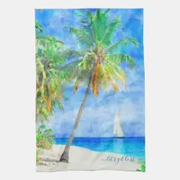 Tropical Island Palm Tree Sailboat Kitchen Towel