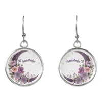 Purple Moon and Flowers on White Background  Earrings