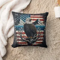 Eagle on Branch With American Flag Throw Pillow