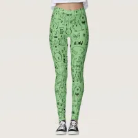 Cat Doodles, Funny Kitty Pattern on Green Leggings