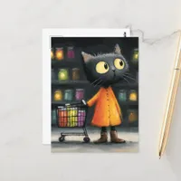 Adorable black cat grocery shopping postcard
