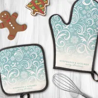 Snowflake Swirls On Blue Cute Custom Christmas Oven Mitt & Pot Holder Set