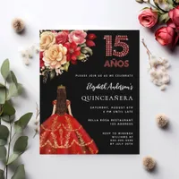 Quinceanera black red dress roses invitation