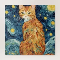 Ginger Tabby Feline in a Starry Night Jigsaw Puzzle