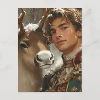 Fantasy Handsome blond man and reindeer Christmas Postcard