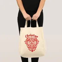 Red Fancy Heart Personalized Grocery Tote Bag