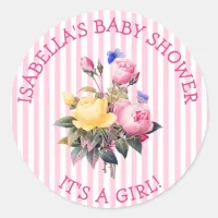 PInk Striped Floral Chic Baby Shower Sitckers Classic Round Sticker