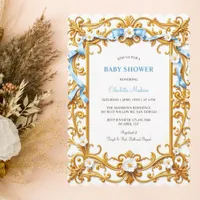 Elegant Rococo Blue Gold Floral Boy Baby Shower Invitation