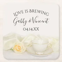 Tea Cup and White Rose Wedding Love is Brewing Square Paper Coaster