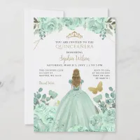 Mint Gold Floral Princess Quinceañera Quince  Invitation