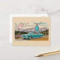 Retro Couple Car on Map in the Mountains Collage Postcard