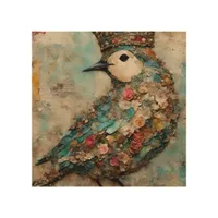 Bird in a Crown Mixed Media Collage Wood Wall Art