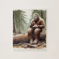 Sasquatch in mossy forest with a cheesecake jigsaw puzzle