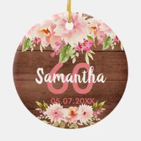 Birthday brown wood blush florals name ceramic ornament