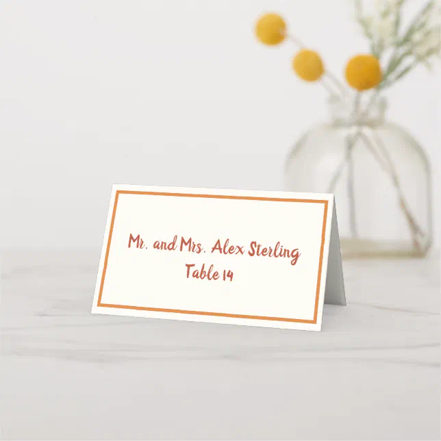 Handwritten 70s Burnt Orange Bold Border Wedding  Place Card