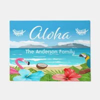 Aloha tropical beach flamingo florals family name doormat