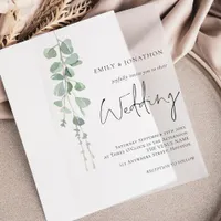 Minimalist Sage Eucalyptus Leaves Wedding Vellum Invitations