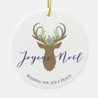 Boho French Christmas Reindeer Joyeaux Noel Photo Ceramic Ornament