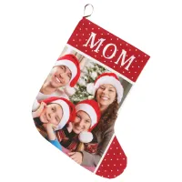 White Polka Dot Snow Family Photo Mom Large Christmas Stocking