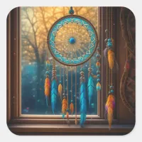 Blue and Orange Dreamcatcher in Window Square Sticker