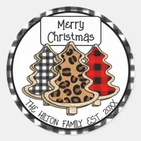 Personalized Buffalo Plaid Gingham Christmas Trees Classic Round Sticker