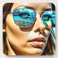 Pretty Woman with Reflection of Beach Sunglasses Beverage Coaster