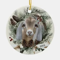 Christmas Wreath Nubian Goat  Ceramic Ornament