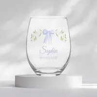 Elegant Dusty Blue Bow Name Bridesmaid Proposal Stemless Wine Glass