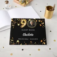 90th Birthday black gold stars photo Guest Book