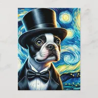 Cute  Adorable Boston Terrier in a Tophat Van Gogh Postcard