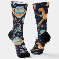 Space and Dinosaur Drawings on Dark Blue Socks