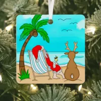 Snowbird Christmas, Santa and Reindeer on Beach  Metal Ornament