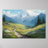 Oil painting winding path foothills of mountains poster