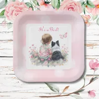 It's a Girl | Pink Baby and Puppy Baby Shower Paper Plates