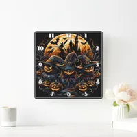 Spooky Halloween scarecrows under a full moon Square Wall Clock