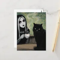 A Woman and Her Cat Morning Coffee Postcard