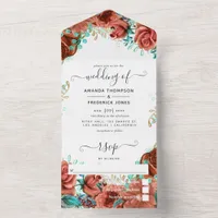 Living Coral and Teal Watercolor Floral Wedding Al All In One Invitation