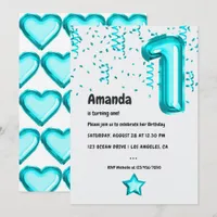Turquoise Balloon 1st Birthday Party Invitation