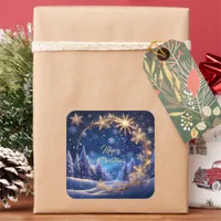 Magical Christmas time - golden snowflakes on blue Square Sticker