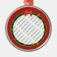 Christmas Wreath Add Your Photo & Red Background Metal Ornament