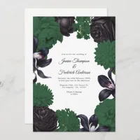 Black & Forest Green Photo/QR Code Floral Wedding Invitation