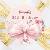 Bow pink florals roses birthday classic round sticker