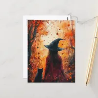 Witch and Her Cat in Autumn Forest Postcard