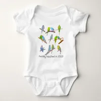 Lots of colorful parakeets - cute little birds    baby bodysuit