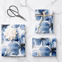 Abstract Blue & White Watercolor Flowers Wrapping Paper Sheets