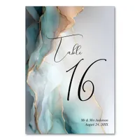 Luxe Opal Teal Gold Fluid Alcohol Ink Table Number