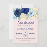 Navy Royal Bue Wedding Watercolor Ivory Flowers Save The Date