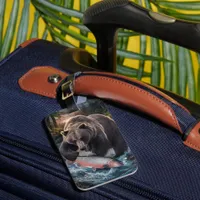 Bear holding a shimmering fish  luggage tag