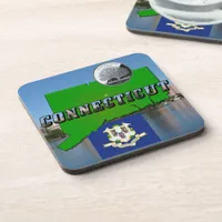 Connecticut' Map, Text, Faux Quarter, Flag Scenery Drink Coaster