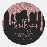 Black Rose Gold Glitter Drips Business Thank You Classic Round Sticker